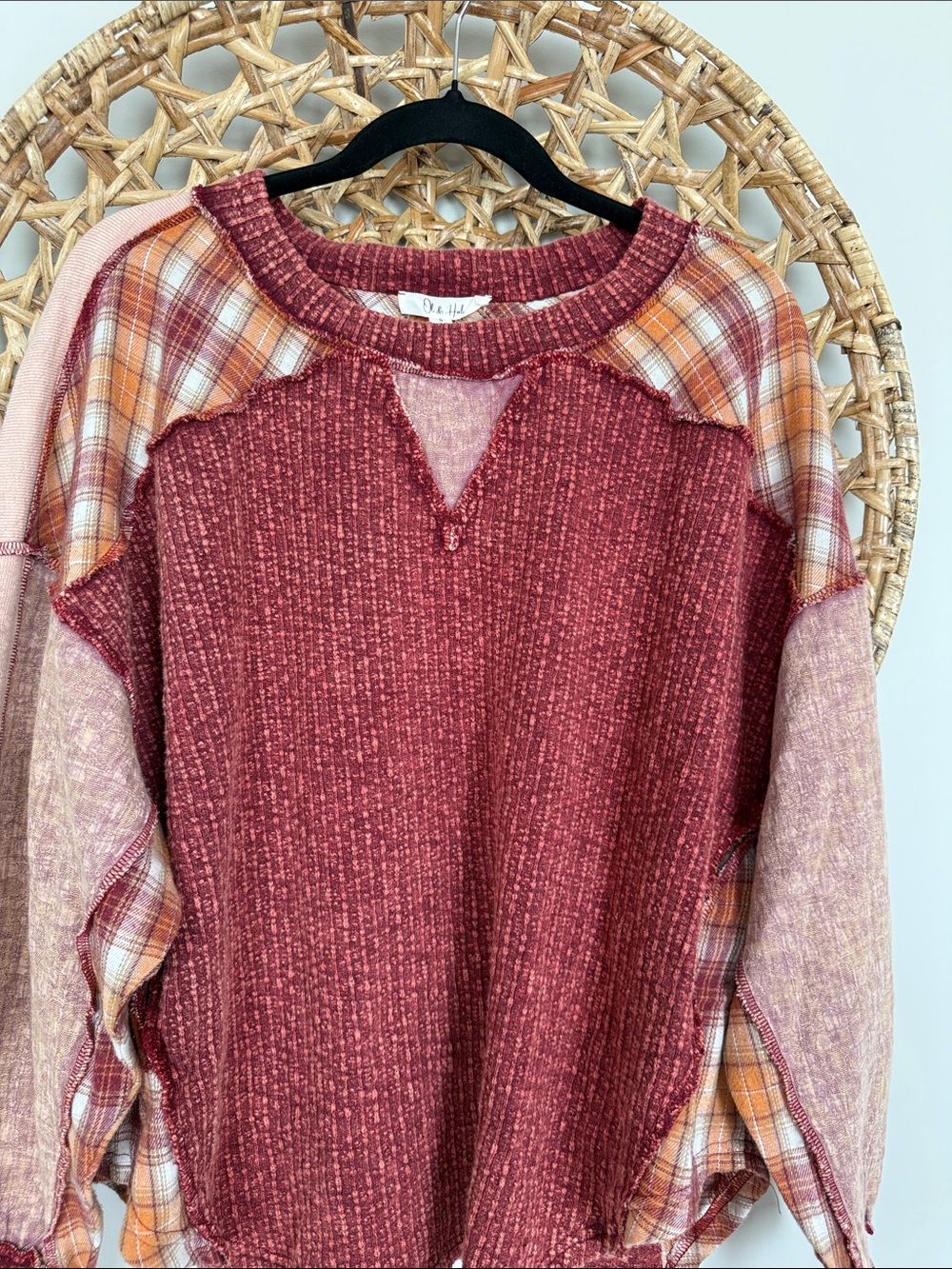 Oli & Hali Burgundy Knit Pullover with Plaid Trim
